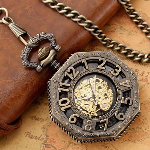 Antique Bronze Conspicuous hollow Number Manual Mechanical Pocket Watch Round Alloy Dial Thick Chain Pendant Old Clock Men Women