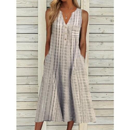 Elegant Long Dress With Buttons Pockets Lady Fashion Summer Sleeveless Casual Simple Print Dress S-3XL