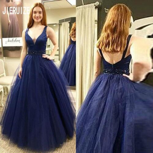 JIERUIZE Royal Blue Bridal Dresses V Neck Sleeveless Backless with Crystal Sash Stain Tulle Wedding Dress Robe De Mariee