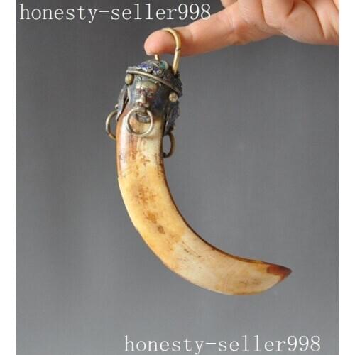 Chinese Old wild boar teeth Cloisonne Bronze Animal Lion Ward off evil Pendants