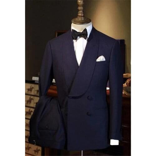 Classic Navy Blue Wedding Groom Tuxedos for Prom Party Stage Double Breasted Slim fit Men Suits Blazer Jacket Pants 2 Pieces