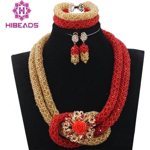 Pretty Women Jewelry Set Red and Gold Chunky Crystal Necklace Bracelet Earrings Set Birthday Gift for Lady Free Shipping WD927