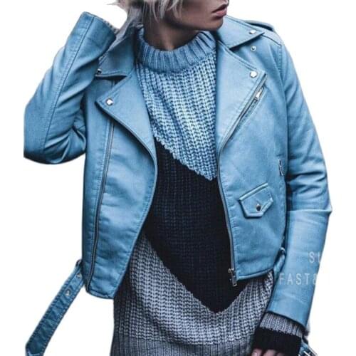 2020 New Fashion Women Autunm Winter Black Blue Fake Faux Leather Jackets Lady PU Zipper Pocket Motorcycle Outerwear Coat Belt