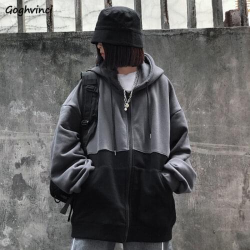 Jackets Womens Harajuku Hooded Oversize Bf Chic Outwear Streetwear Patchwork Thickening Velvet Loose Retro Couple Zipper Outwear