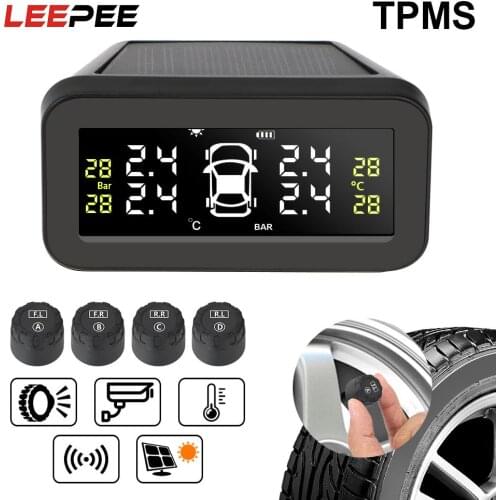 LEEPEE Car Solar TPMS Tire Pressure Sensor LCD Display Temperature Warning Real Time Tire Pressure Monitoring System
