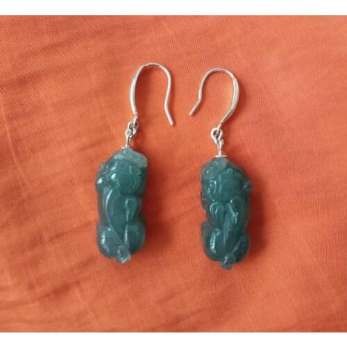 Nature Green Jade eardrop fortune FOO Dog earbob Carven jadite Silver earring Lucky Talisman