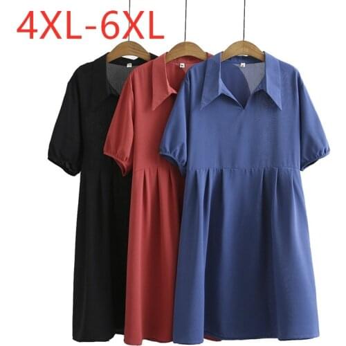 New 2021 Ladies Summer Plus Size Shirt Dress For Women Large Short Sleeve Casual Loose Blue Red Midi Pleated Dress 4XL 5XL 6XL