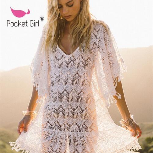 Pocket Girl 2020 New White Lace Cover Ups Tassel Swimwear Summer Sexy Bikini Pareo Beachwear Women Dress Bathing Suit Cover Up