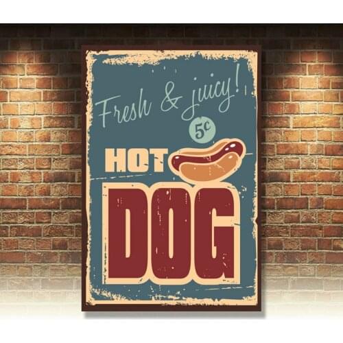 Hot Dogs Poster Fresh & Juicy Metal Tin Signs Retro Plate Kitchen Wall Decor