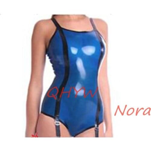 Sexy Women Blue Latex Swimsuit Sleeveless Rubber Bodysuit Jumpsuit