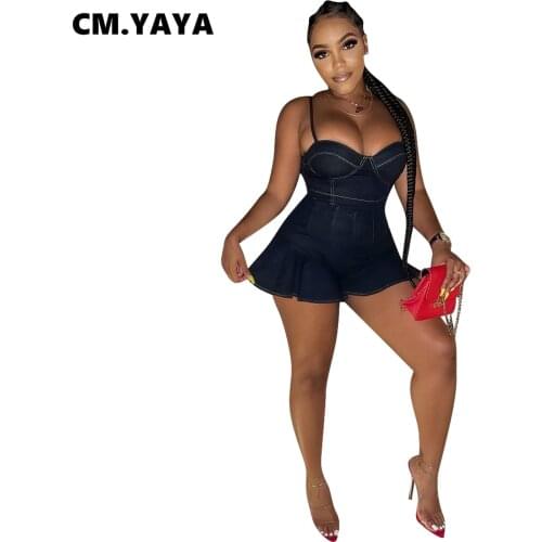 CM.YAYA Women Denim Playsuit Solid Sleeveless Strap V-neck Ruffles Loose Playsuits Sexy Romper Fashion One Piece Overalls Summer