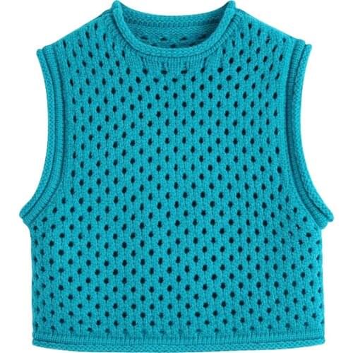 2021 New Women Fashion Hollow Out Cropped Knitted Vest Sweater Vintage O Neck Sleeveless Female Waistcoat Chic Tops