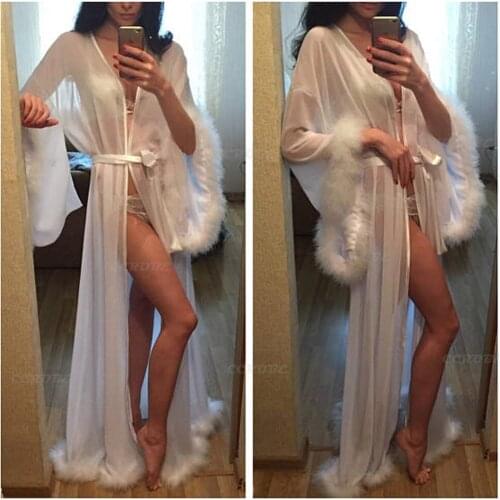 Women Sexy Feathers Robe Collar Perspective Sheer Long Lingerie Bridal Robe Nightgown Bathrobe Pajamas Maternity Dress Sleepwear