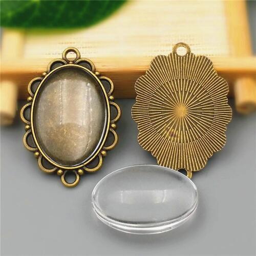 10sets/lot 18X25mm Antique Bronze Alloy diy Cameo base Setting Pendant+Clear Glass Cabochons Beads Jewelry finding A1012