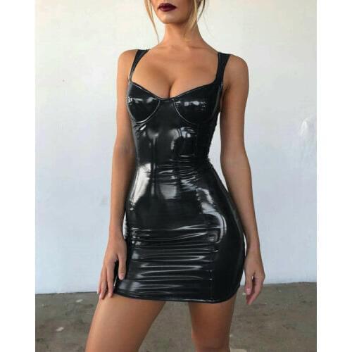 2019 Sexy Backless Club Party Short Dress Solid Black Wet Look Latex Bodycon Faux Leather Push Up Bra Mini Micro Dress Leotard