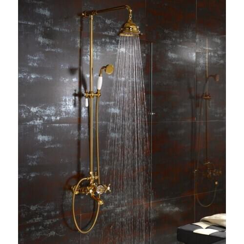 Free shipping PVD GOLD Waterfall Rainfall shower bath tub faucet mixer tap with handshower Crystal diverter