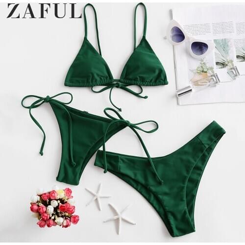 ZAFUL Padded Cami Three Pieces Bikini Swimsuit Solid Color Triangle Cup Strap Split Bikini Suit Low Waisted Fashion For Women
