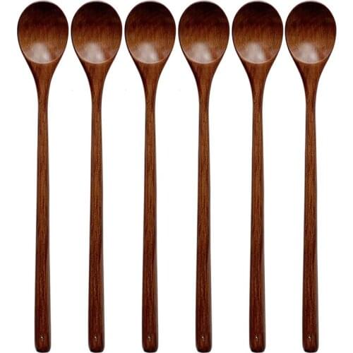 BMBY-Wood Spoons for Cooking Set, 13 inch Long Handle Wooden Mixing Spoons for Stirring Baking Serving, 6 Pcs Kitchen Utensil