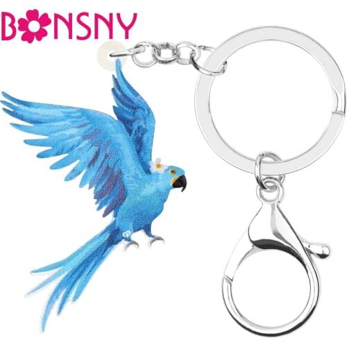 Bonsny Acrylic Blue Macaw Parrot Keychains Lovely Animal Bird Keyring Jewelry For Women Kids Girls Fashion Gift Bag Decoration