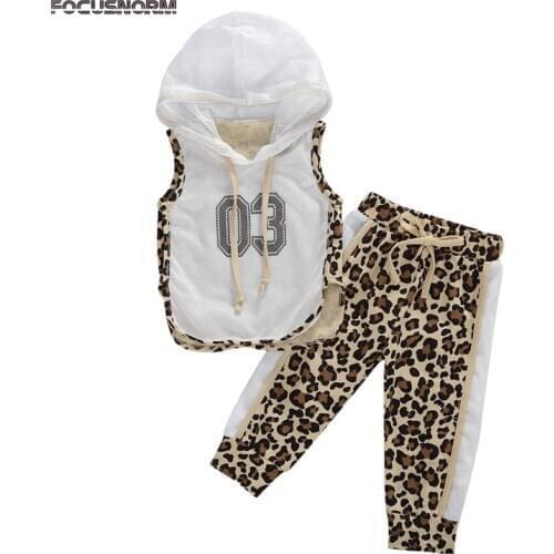 FOCUSNORM 0-5Y Summer Girls Clothes Sets Sportswear Suit Breathable Mesh Sleeveless Hooded Top +Leopard Print Pants