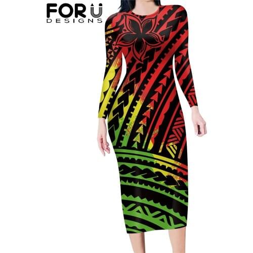 FORUDESIGNS Polynesian Tribe Hibiscus Flower Long Sleeves Sexy Pencil Bodycon Dress High Quality Slender Travel Female Clothing