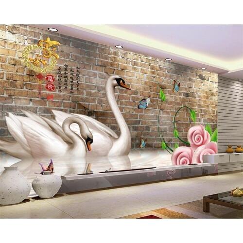 Beibehang Photo wallpaper brick wall swan rose jade carving 3D living room TV wall decoration painting wallpaper for walls 3 d
