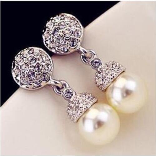 Grace Jun New Fashion Full Rhinestone Simulated Pearl Clip on Earrings No Pierced Ear Clip for Weddings Luxury Jewelry Good Gift