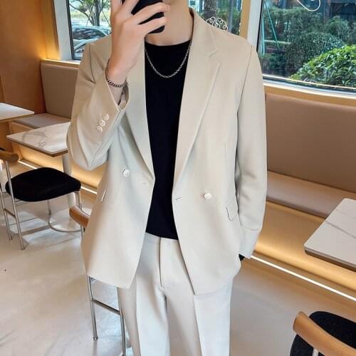 2 Pcs Set Blazers Jacket Pants / 2021 Fashion New Mens Casual Boutique Double-breasted Solid Color Dress Suit Coat Trousers