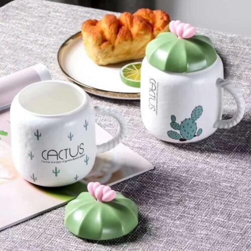Creative Cactus Shape Ceramic Mug Cup With Lid Simple Cute Water Cup Office Porcelain Mugs Coffee Cups Gift For Girls