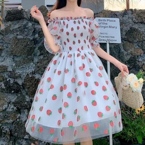 Strawberry Dress Women French Style Lace Chiffon Sweet Dress Casual Puff Sleeve Elegant Printed Kawaii Dress Women 2021 New