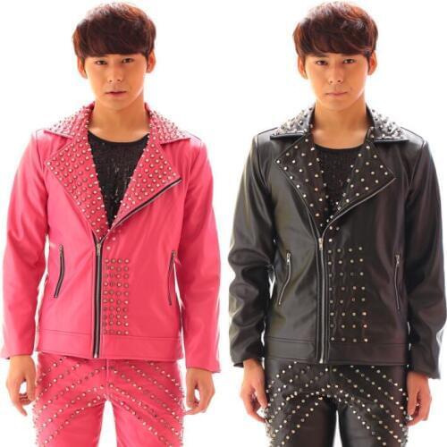 Men leather jacket designs costumes for singers men rivets coat dance oblique zipper clothes punk personality fashion red black