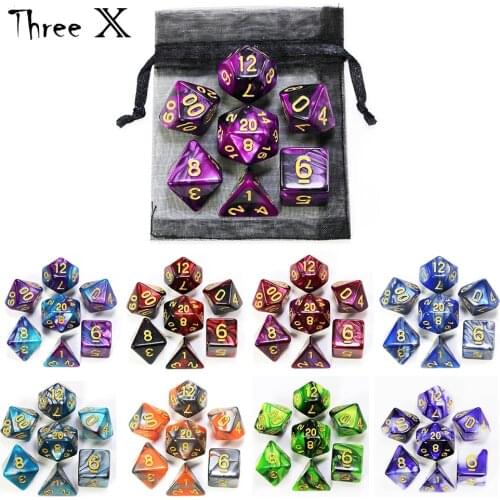 Polyhedral Dice Set with Pouch Double-Colors Gold Numbers of D4 D6 D8 D10 D% D12 D20 for DND RPG Table Games