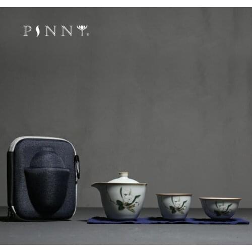 PINNY Your Kiln Portable Porcelain Tea Set Ceramic Kung Fu Tea SetS 1 Pot 2 Cups Handpainted Flowers Travel Tea Service