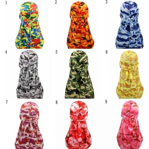 Fashion Camouflage Turban Muslim Durags Pirate Hats Women Men Long Tail Hair Accessories Patchwork Bandanas Headwrap Headwear