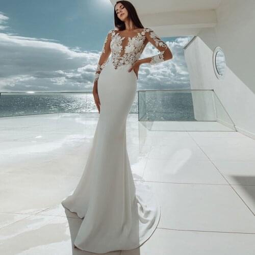 Robe de Mariage Luxury Mermaid Wedding Dress Long Sleeve Vestido de Noiva Ivory Satin Princess Trouwjurk Illusion Gelinlik
