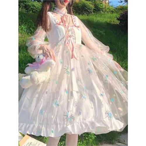 Hstar Women Bow Japanese Lolita Sweet Dress Pink Blue Op Harajuku Fairy Mesh Dress Alice In Wondeland Long Sleeves Vestidos