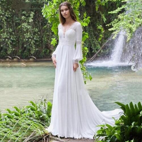 Simple Bohemian Beach Chiffon Wedding Dresses A Line 2021 Long Sleeve Deep V Neck Boho Wedding Dress Sexy Backless Long Country