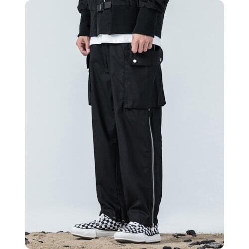 Spring autumn Tooling straight Full Length Cargo Pants Multi Pocket Safari Style Daily Mens clothes Harajuku Hiphop ribbon
