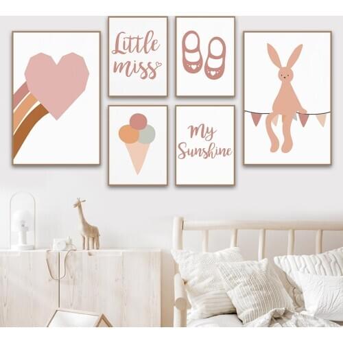 Rainbow Heart Rabbit Ice Cream Quotes Cartoons Wall Art Canvas Painting Nordic Posters And Prints Wall Pictures Child Room Decor