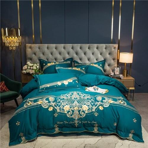 Luxury Gold Bloom Flower Embroidery 100S Egyptian Cotton Hyaluronic Acid Bedding Set Queen King Duvet Cover Bed Sheet Pillowcase