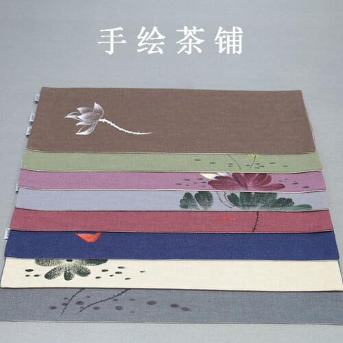 Hand-painted tea table tea shop double-layer cotton and linen table runner Zen tea mat Kung Fu tea accessories lotus