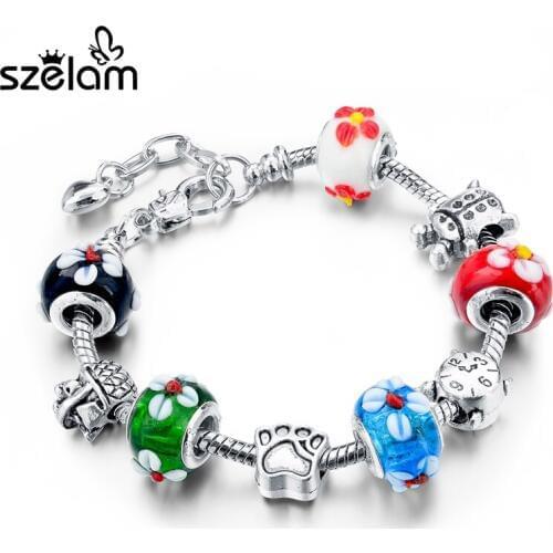 Szelam European Multicolor Flower Glass Bead Bracelets & Bangles Bracelet For Women DIY Snake Chain Jewelry SBR140412