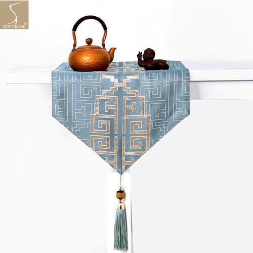 Traditional Asian Ornamental Abstract Geometric Jacquard Table Runner with Tassel, Blue