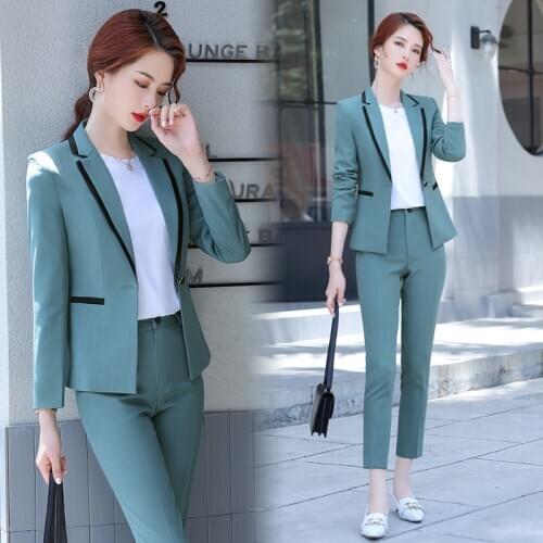 IZICFLY Spring Autumn Green New Womens Suits Blazer With Pants Business Slim Office Outfits Work Wear Trouser Set Two Piece