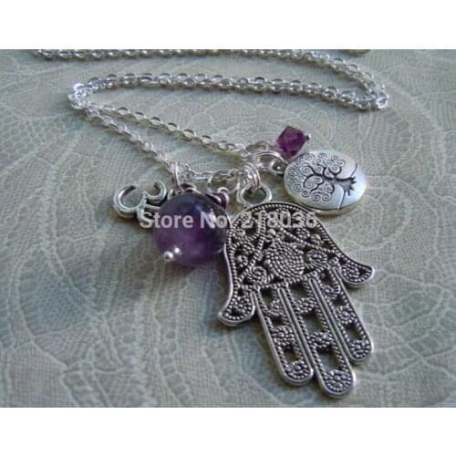 Vintage Silve Hamsa Hand& Om&Tree Of Life Necklaces Pendant Charm Statement Collar Long Choker Necklaces For WomenJewelry Gifts