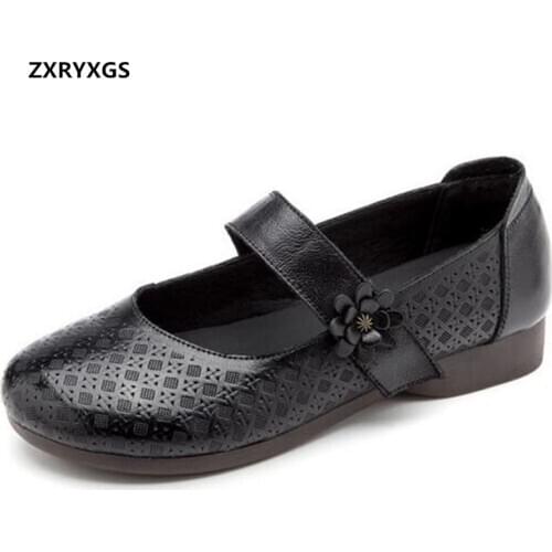 2020 New Autumn Genuine Leather Soft Sole Non-slip Comfortable Shoes Woman Flat Shoes Fashion Casual Mother Shoes Grandma Shoes