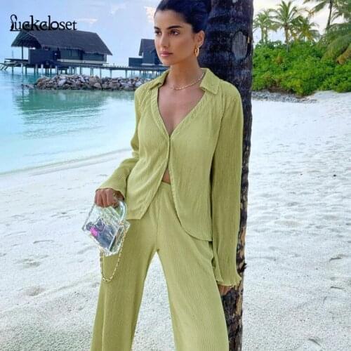 Summer Single Breasted Women Suit Flare Sleeve Blouse Shirt High Waist Pants Two Piece Set Fashion Streetwear Loose Women Set
