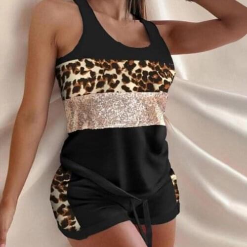 Summer Striped Patchwork Womens Tracksuit Suit Sleeveless Leopard Print Women Tanks Sets Casual Sport Lady Leisure Shorts Set