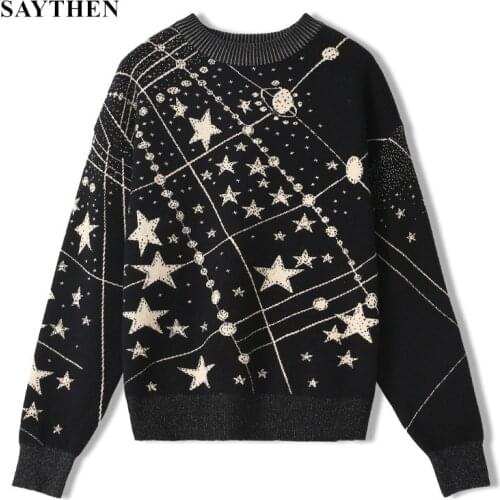 SAYTHEN Retro Galaxy Star Pattern Sweater Women Vintage Long Sleeve Jumpers 2021 Autumn Winter Ladies Jacquard Sweaters Pullover