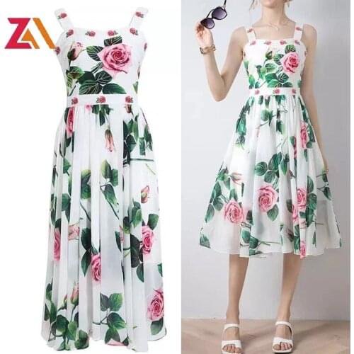 Designer Summer Rose Floral Printed Midi-long Dresses For Women Elegant Party Night Spaghetti Strap White Beach Woman Dress Robe